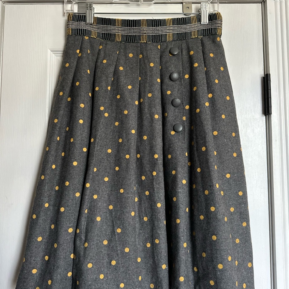 Tracy Reese gray with yellow polkadot,  skirt with leather covered side buttons